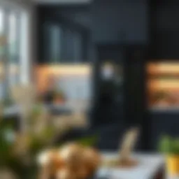 Elegant black counter depth refrigerator with bottom freezer in a modern kitchen setting