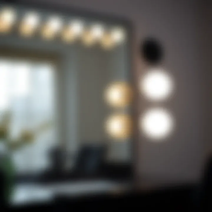 Close-up of the lighting features on a black vanity mirror
