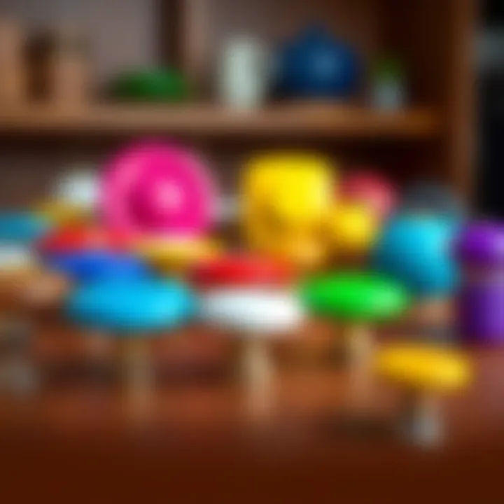 A vibrant assortment of colorful cabinet knobs displayed on a wooden surface