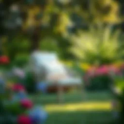 Elegant outdoor lawn chair set against a serene garden backdrop
