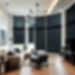 Elegant black temporary shades enhancing a modern living room
