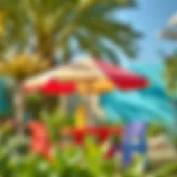 Vibrant children's table umbrella in a garden setting