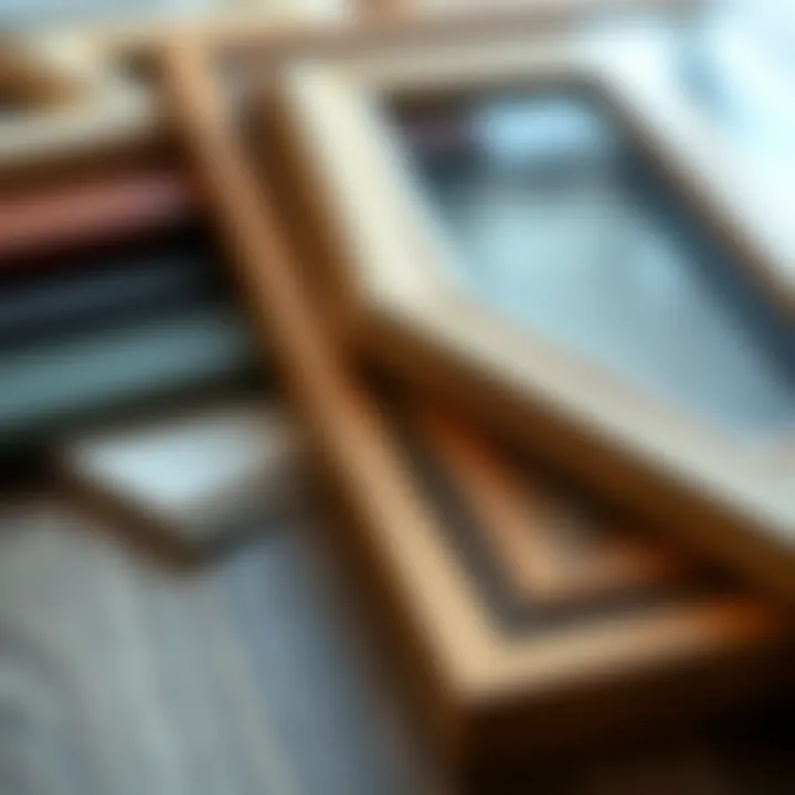 Close-up of various materials used for crafting 23 x 16 inch frames.
