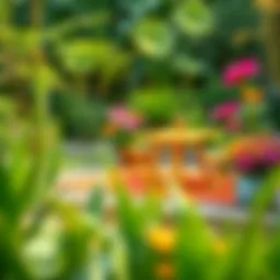Vibrant plastic outdoor rug in a garden setting