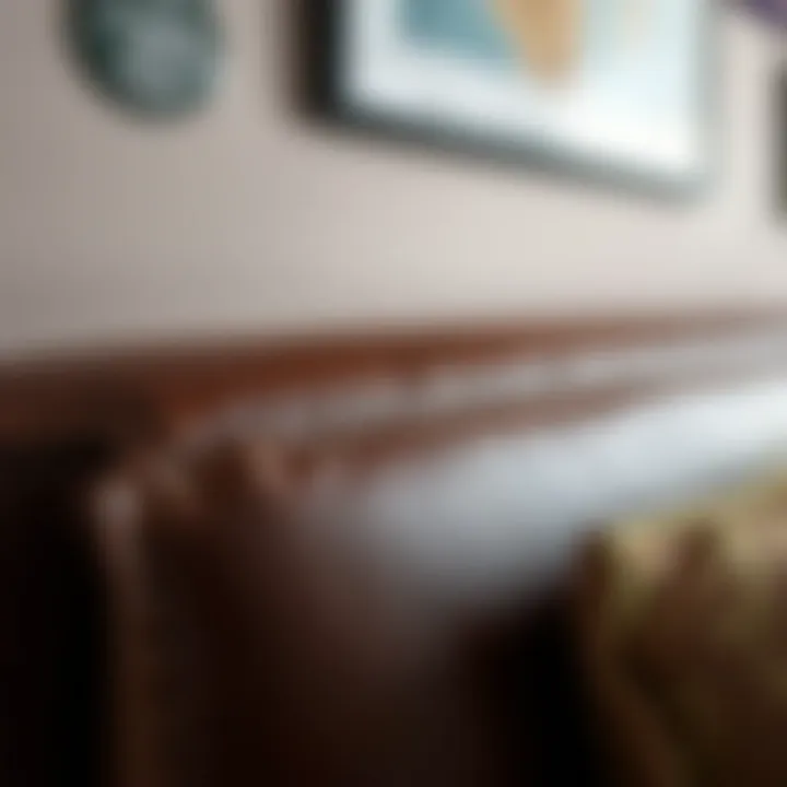 Close-up of the quality stitching on a brown faux leather headboard