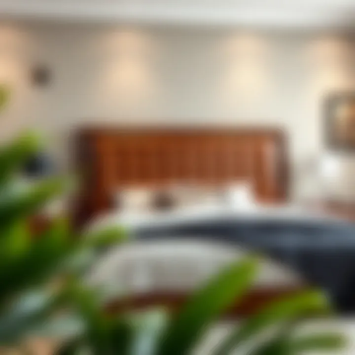 Stylish king-size bed with a chic brown faux leather headboard