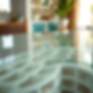 Close-up of a glass table top highlighting its craftsmanship