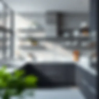 Modern Kitchen with Sleek Stainless Steel Shelves Modern kitchen featuring stainless steel shelves