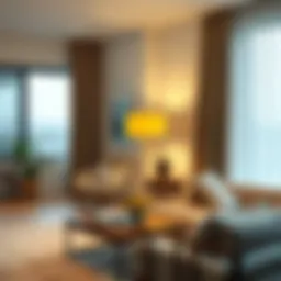 Elegant yellow lamp illuminating a modern living room