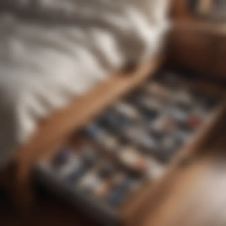 Organized under-bed drawers filled with various items