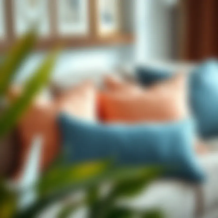 Stylish arrangement of peach and blue throw pillows on a modern couch