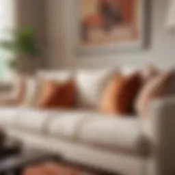 Elegant arrangement of cream and rust throw pillows on a stylish sofa