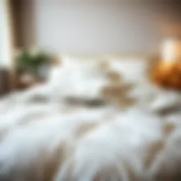 An elegantly draped light comforter on a cozy bed