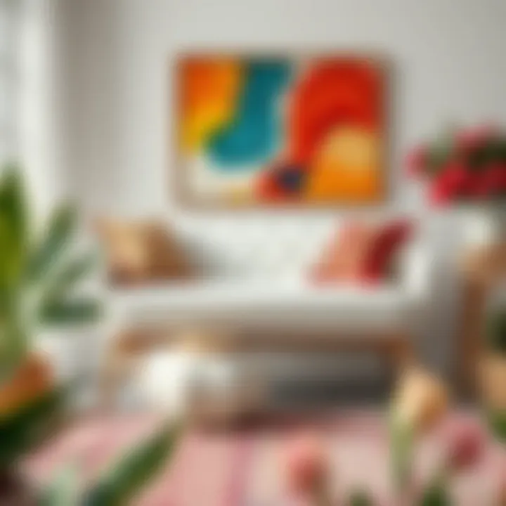 White upholstered bench harmonizing with colorful decor elements
