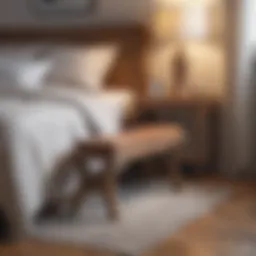 Elegant wooden bench at the foot of a beautifully made bed