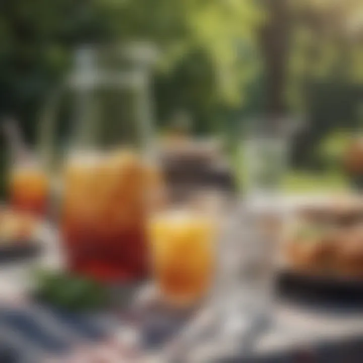 Two-quart glass pitcher with lid amidst outdoor picnic setup