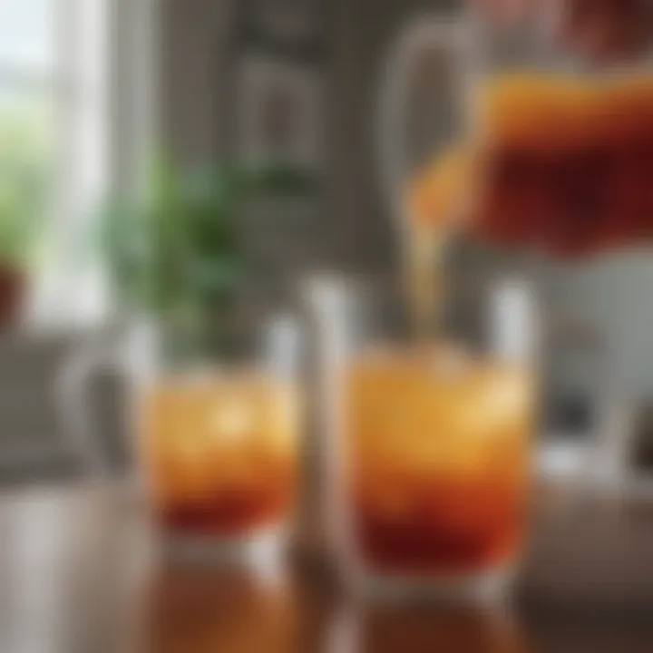 Refreshing beverage poured from a two-quart glass pitcher into a stylish glass