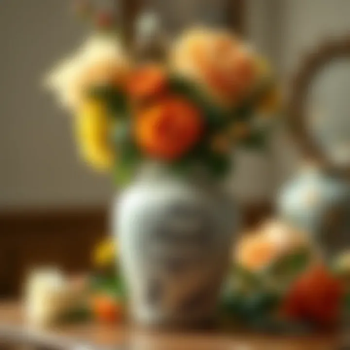 Personalized vintage vase surrounded by seasonal blooms