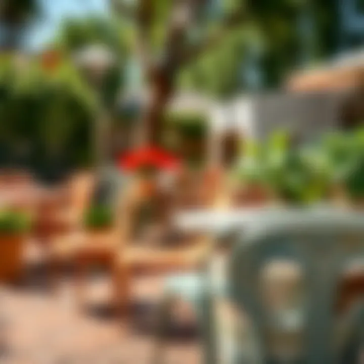 A collection of vintage metal chairs arranged in an outdoor patio setting